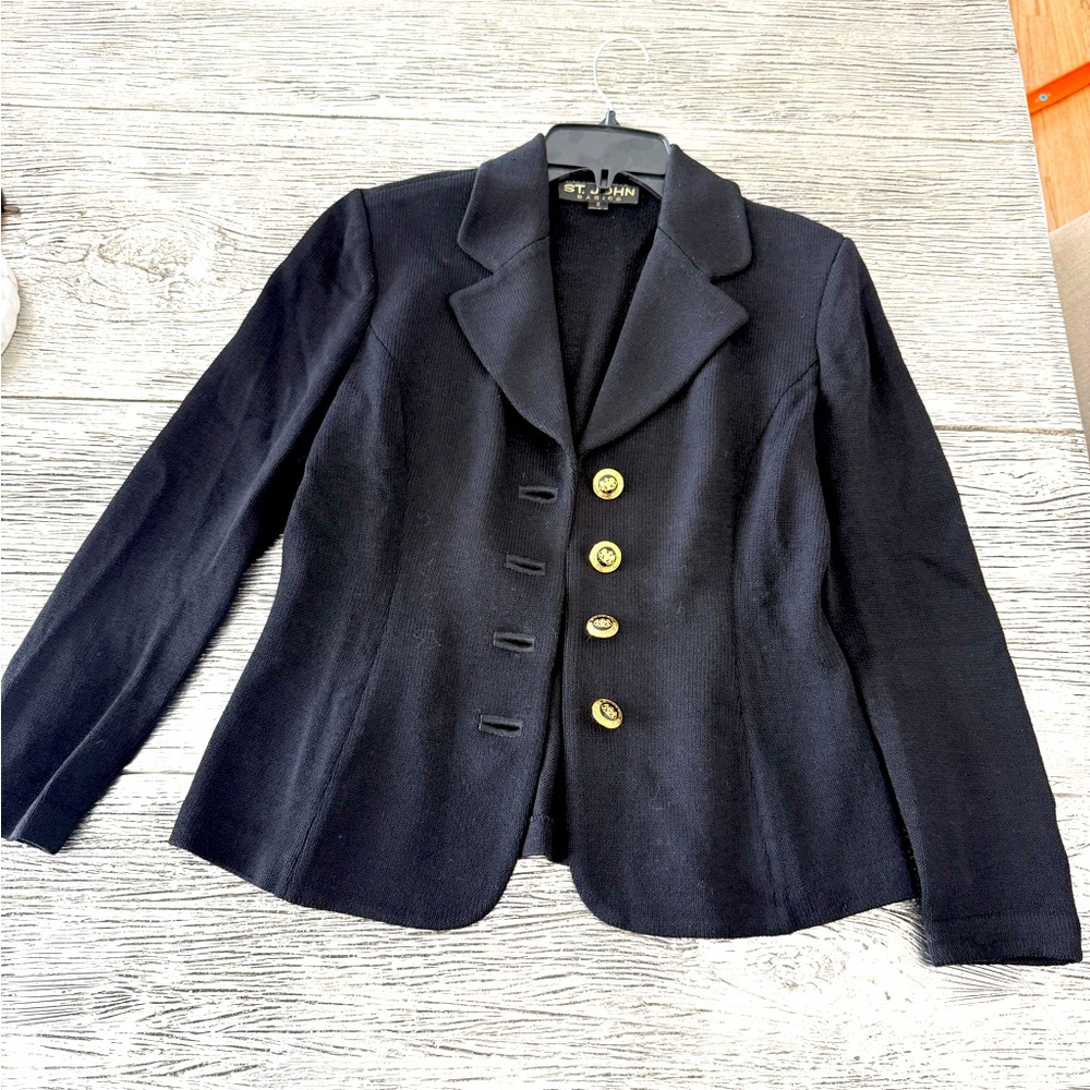 St. John Basics Knit Black Blazer with Gold Logo Buttons